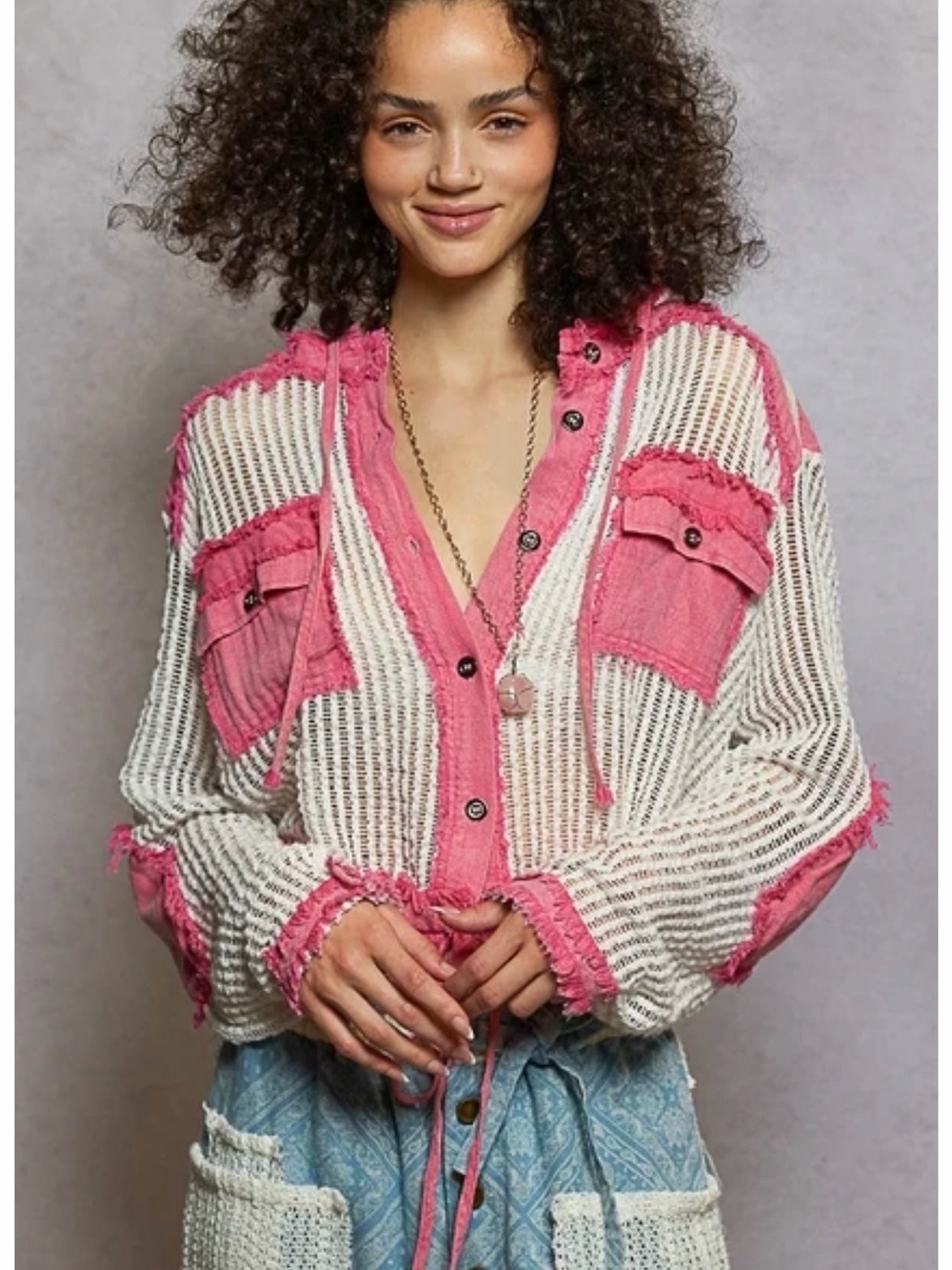 POL Pink and White Open-Weave Hoodie Jacket